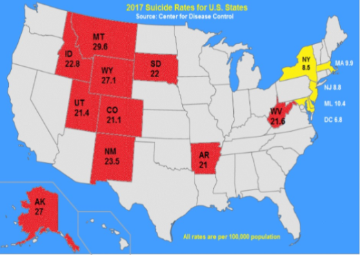 colored map of the US with MT being red showing 29.6% suicide rate